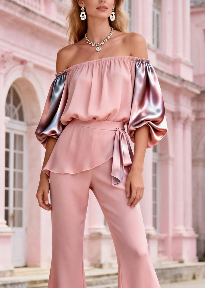 Pink Slash Neck Patchwork Silk Two Piece Suit Set Summer