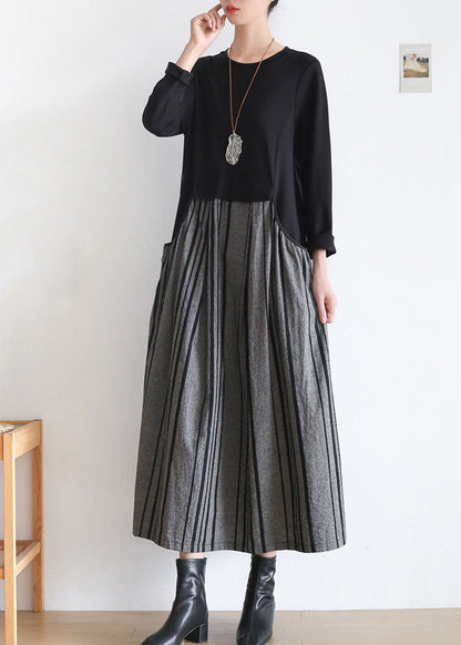 Black Striped Pockets Patchwork Linen Holiday Dress Long Sleeve