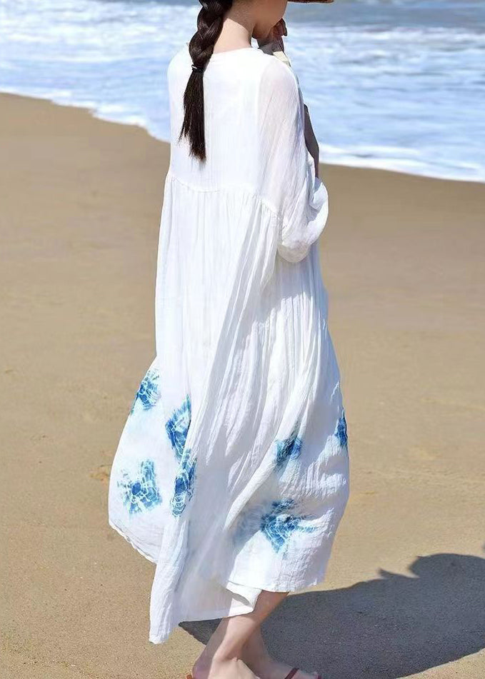 White O Neck Tie Dye Linen Dress Bracelet Sleeve