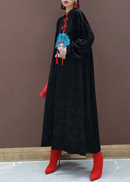 Chinese Style Black Stand Collar Embroideried Silk Velour Maxi Dresses Long Sleeve
