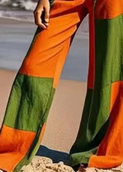 Colorblock Tie Waist Wide Leg Pants Summer