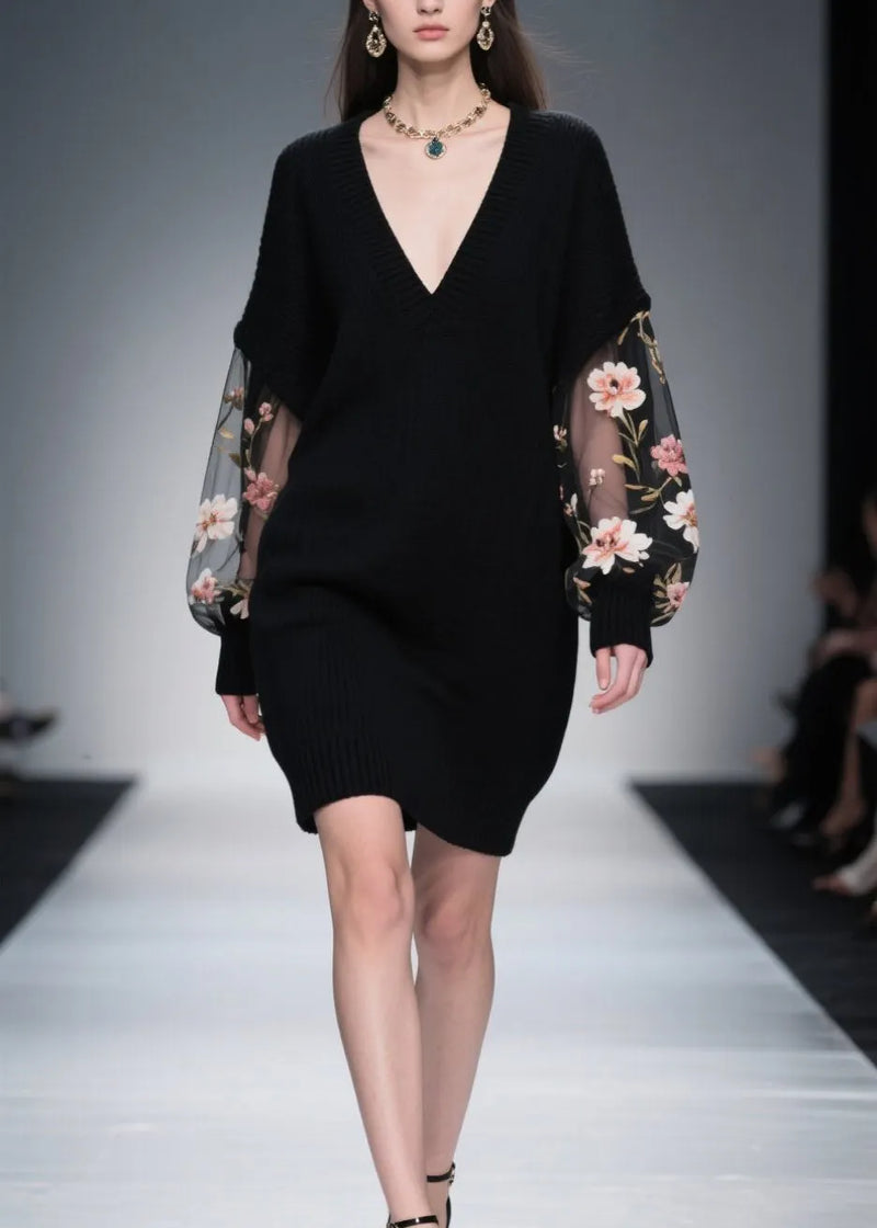Italian Black Tulle Patchwork Knitwear Dress Fall