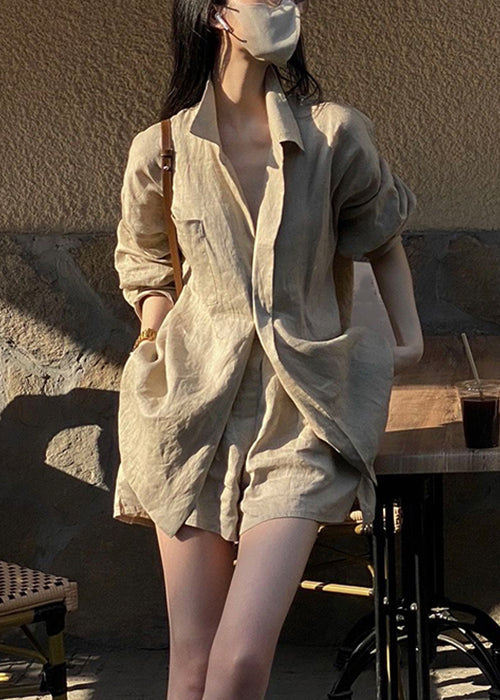 Loose Khaki Pockets Shirt and Shorts Cotton Two Pieces Set Summer