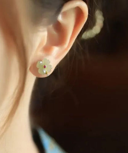 Light Green Sterling Silver Jade Zircon Four Leaf Clover Stud Earrings