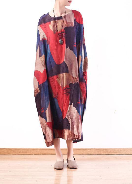 Modern Red Print O-neck Loose Long Chiffon Dress