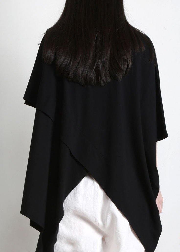 Black Cotton O Neck Asymmetric Tee