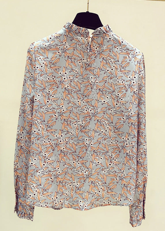 Stand Collarc Ruffled Print Chiffon Shirts Spring