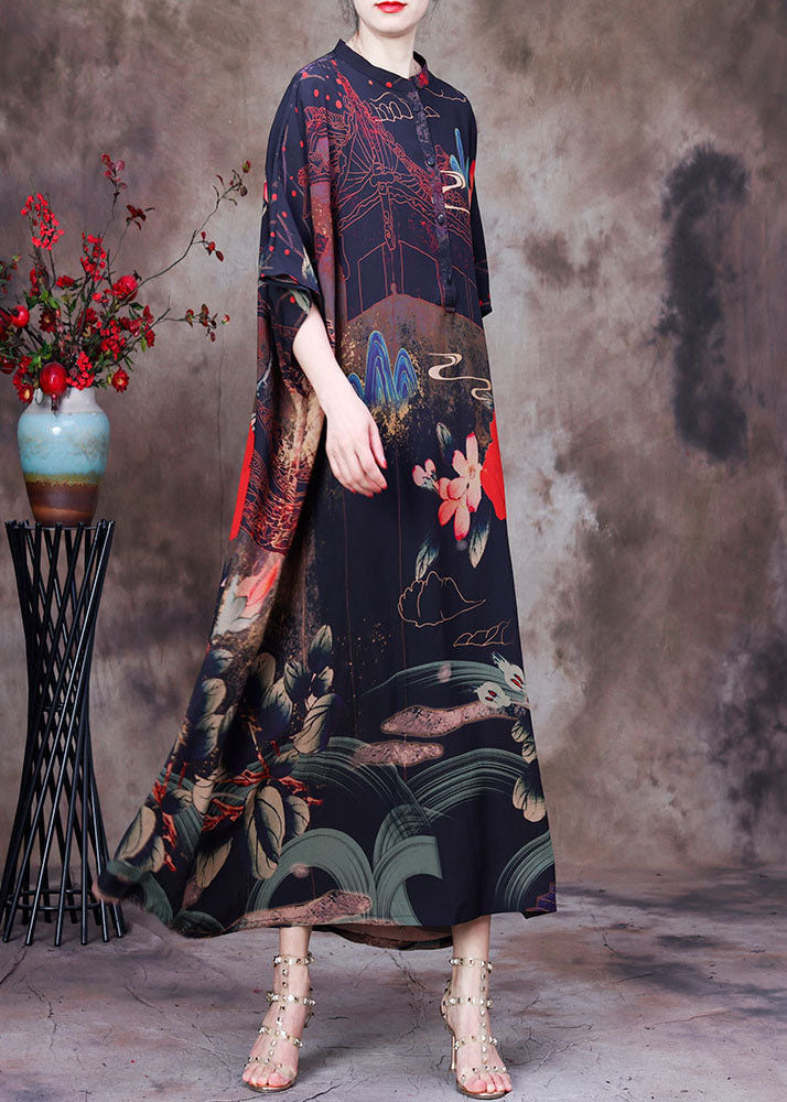 Chocolate Stand Collar Button Print Silk Holiday Dress Batwing Sleeve