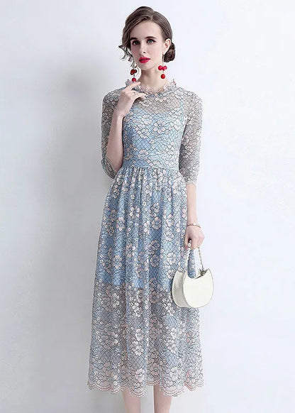 French Blue O-neck Hollow Out Lace Cinch Dresses Half Sleeve