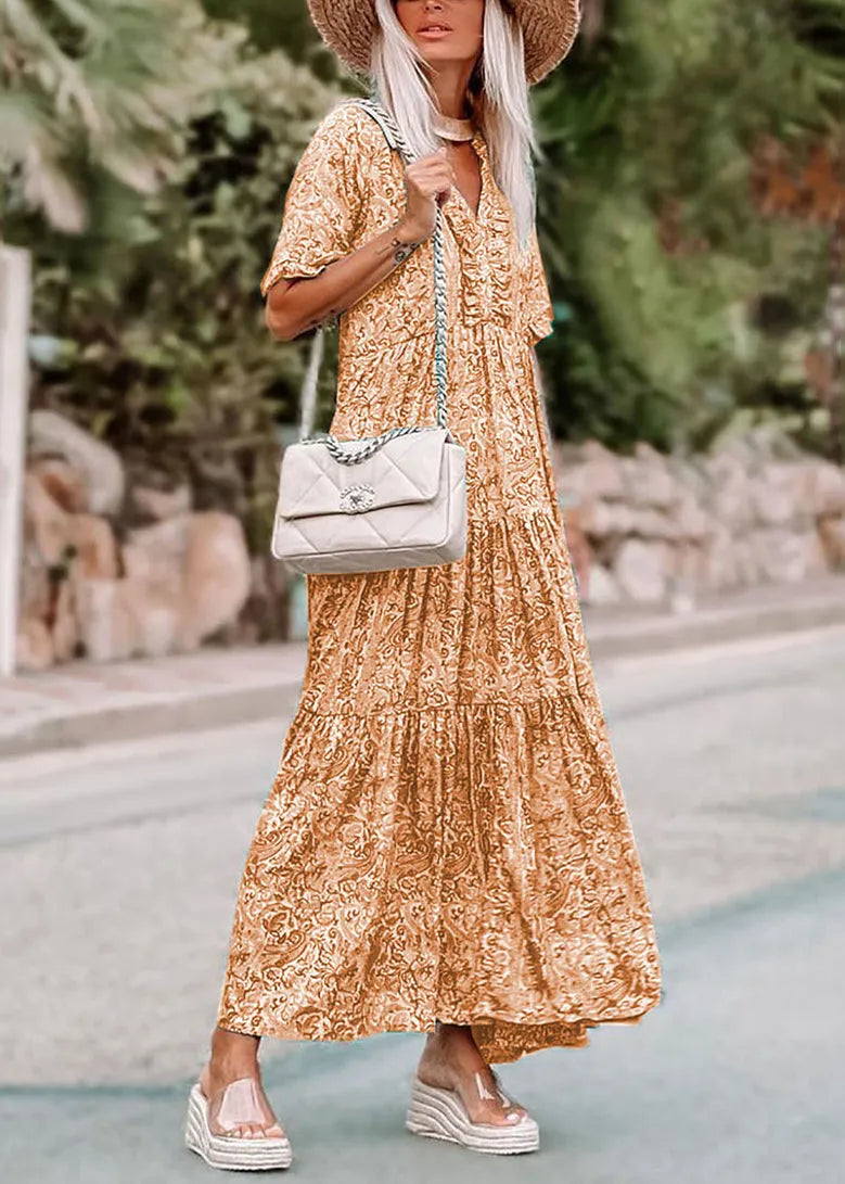 Green V Neck Print Long Dress Short Sleev
