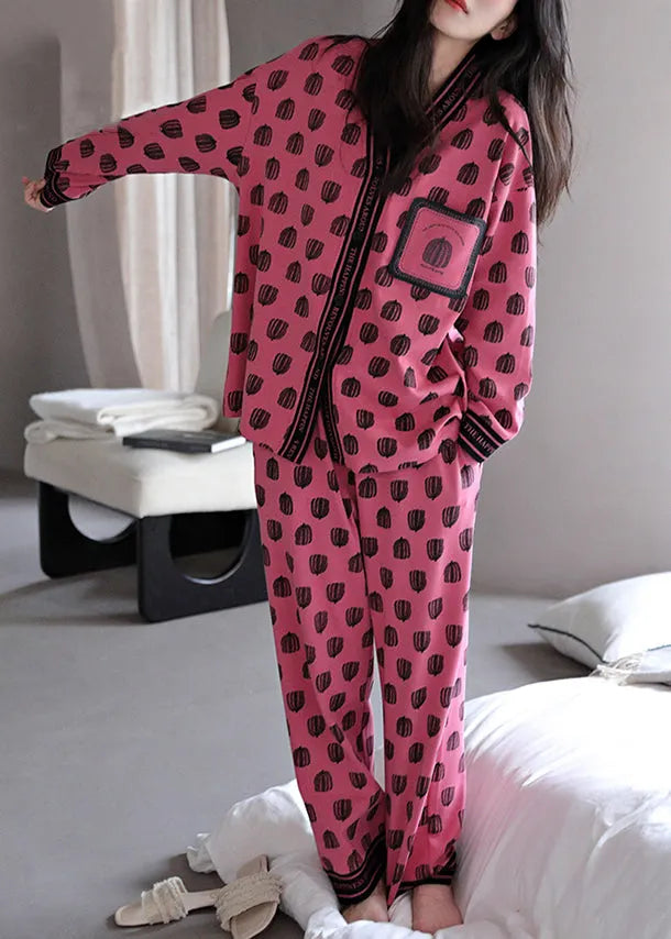 Rose V Neck Print Cotton Pajamas Two Pieces Set Fall