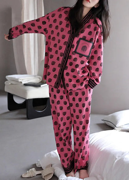 Rose V Neck Print Cotton Pajamas Two Pieces Set Fall