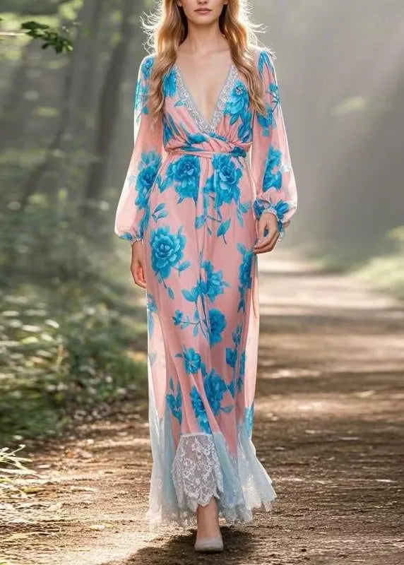 V Neck Lace Print Patchwork Chiffon Dress Spring