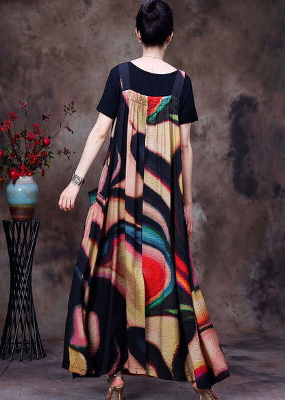 French Colorblock Wrinkled Pockets Print Silk Two Pieces Set Summer