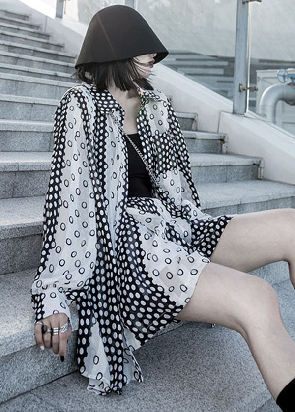 Stylish Black Peter Pan Collar Dot Print Chiffon Long Shirts and Shorts Two Piece Set Short Sleeve