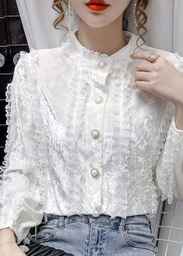 White Stand Collar Button Lace Patchwork Velour Shirt Tops Long Sleeve