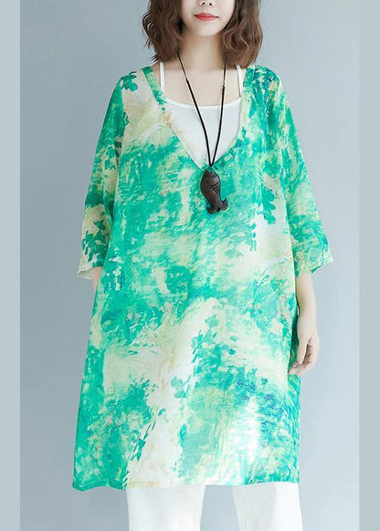 Organic Green Print Shirts V Neck Pockets Blouses