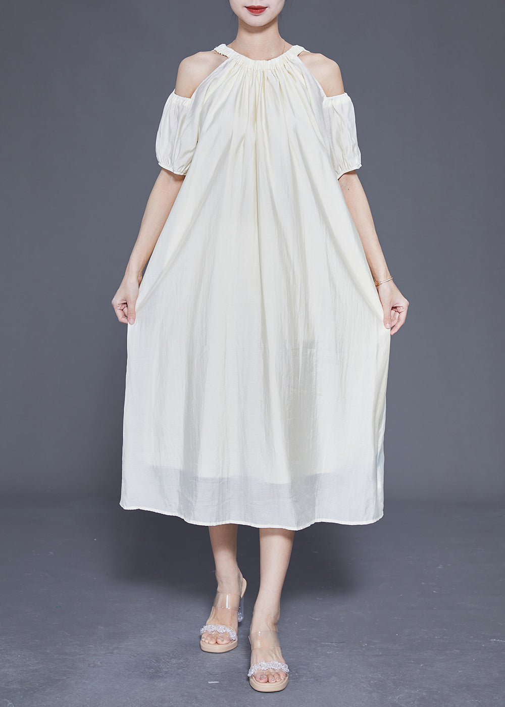 White Cold Shoulder Original Design Silk Long Dress Summer