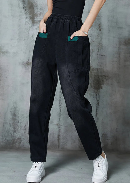 Black Pockets Warm Fleece Denim Pants Spring