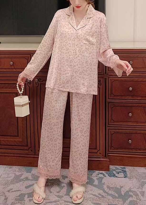 Pink Leopard Lace Patchwork Ice Silk Pajamas Two Pieces Set Spring