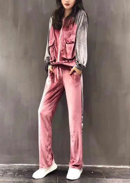 Pink Zippered Silk Velour Coats and Wide Leg Pants Two Pieces Set Long Sleeve