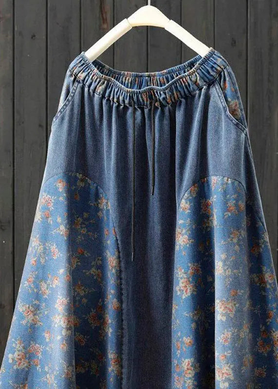 Denim Light Blue Print High Waist a Line Skirt Summer
