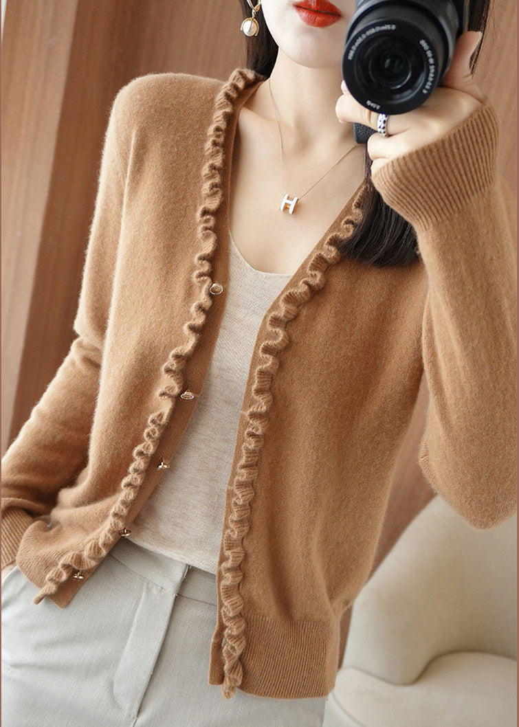 Yellow Camel Colour V Neck Thick Cashmere Knit Cardigans Long Sleeve