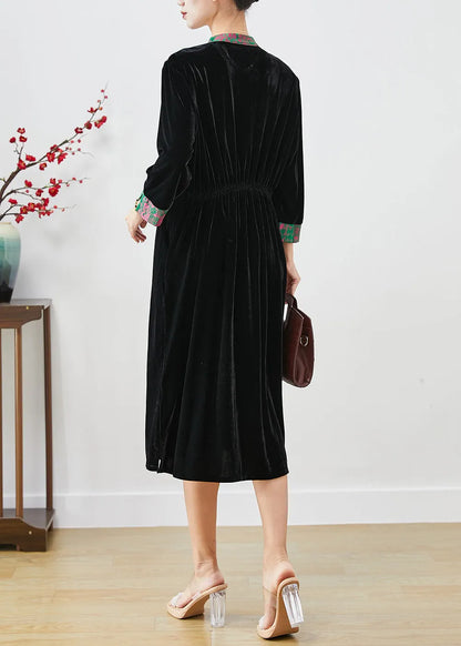 Black Mandarin Collar Patchwork Silk Velour Dresses Fall