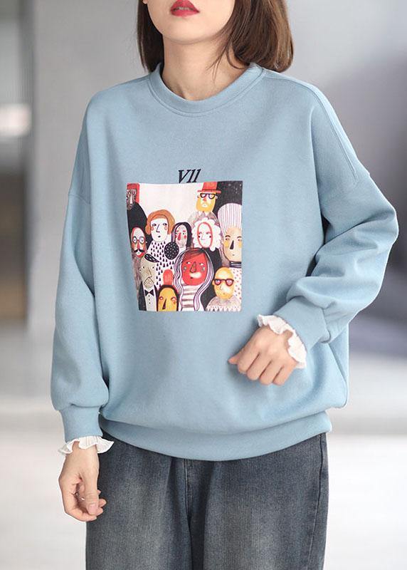 Comfy Blue O-neck Print Fall Sweatshirt