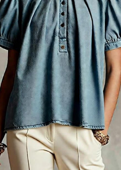 Light Blue O Neck Wrinkled Denim Top Short Sleeve