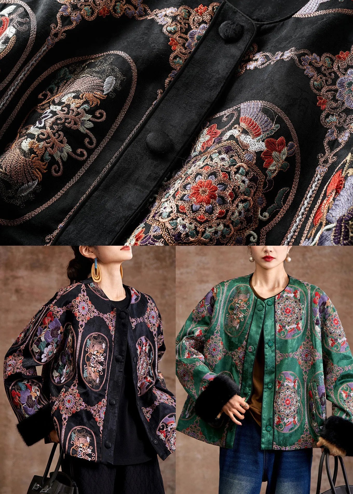 Black Patchwork Fine Cotton Filled Jackets Embroidered Mink Hair Winter