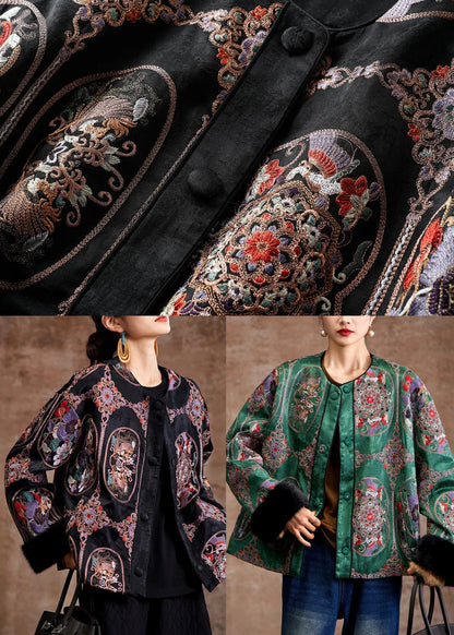 Black Patchwork Fine Cotton Filled Jackets Embroidered Mink Hair Winter