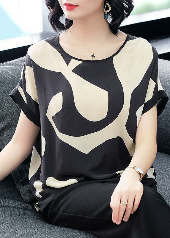 Stylish Black O-neck Print Low High Design Chiffon Tanks Short Sleeve