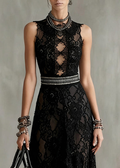Black Hollow Out Side Open Lace Long Dresses Sleeveless Summer