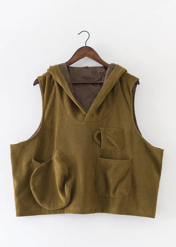 Mustard Green Velour Hooded Waistcoat and Crop Pants Two Pieces Set Fall