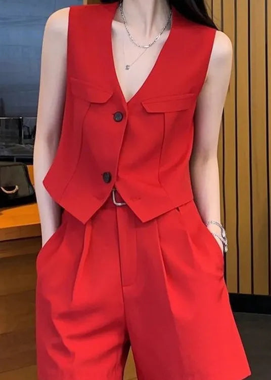 New Red V Neck Button Waistcoat and Shorts Spandex Two Pieces Set Sleeveless