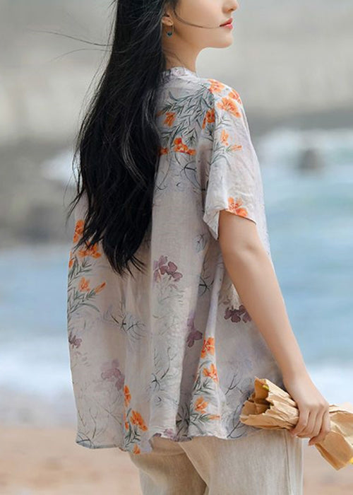 Purple Print Button Patchwork Linen Blouse Tops Summer