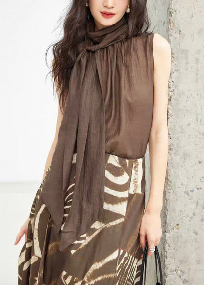 New Coffee Turtleneck Lace Up Cotton Top Sleeveless