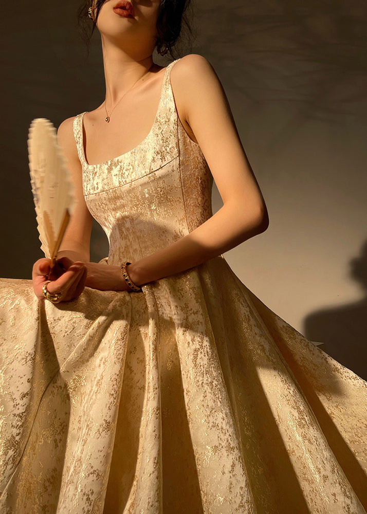 Jacquard Gold Square Collar Zippered Wrinkled Silk Holiday Dress Sleeveless Summer