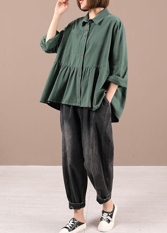 Art Green Peterpan Collar Button Pockets Fall Patchwork Shirts Long Sleeve