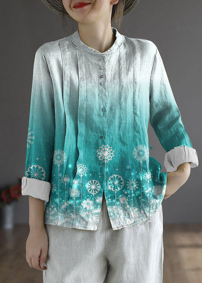 Blue Flower Button Fall Top Long Sleeve Linen