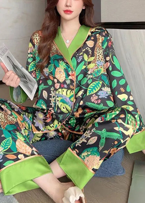 Green Peter Pan Collar Print Ice Silk Pajamas Two-piece Set Spring