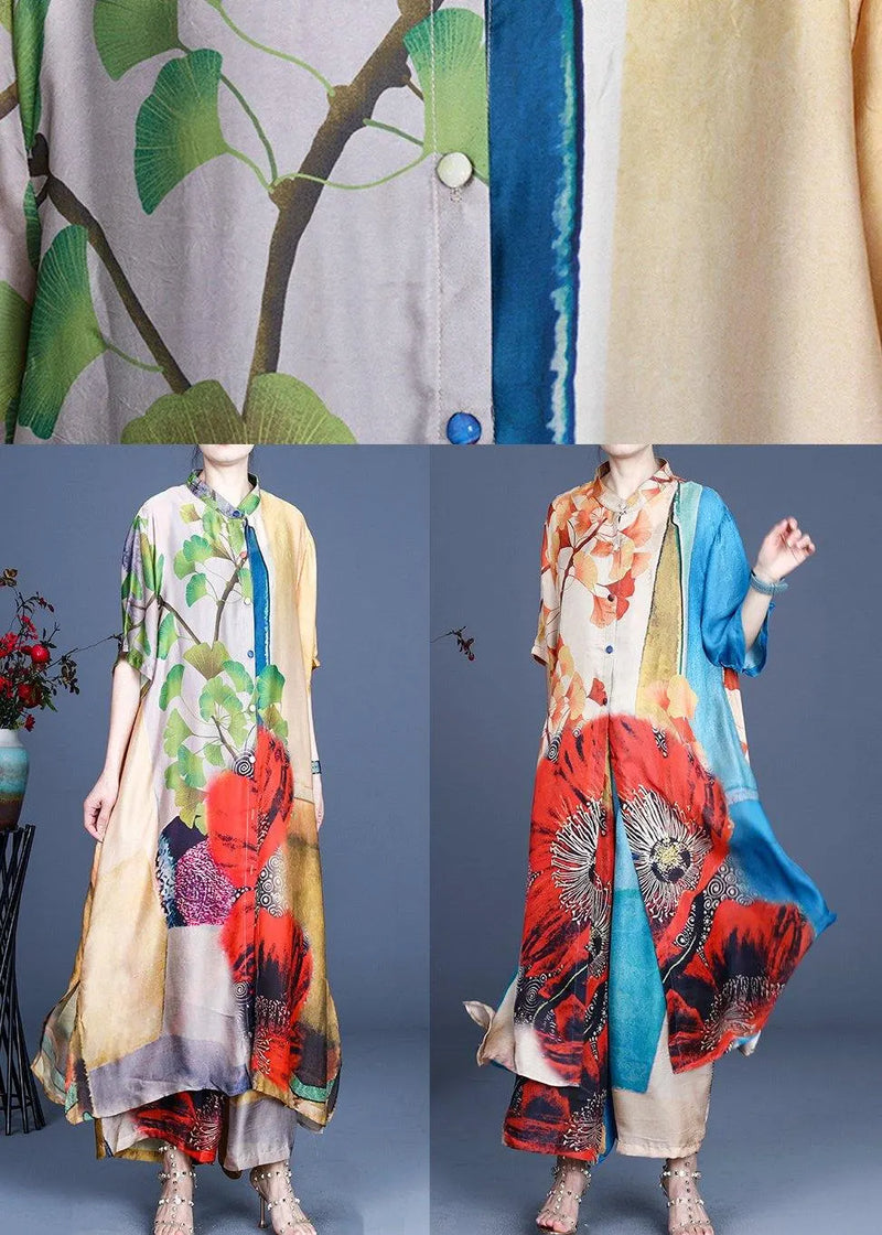 Fitted Yellow Print Long Silk Summer Sets Two Pieces