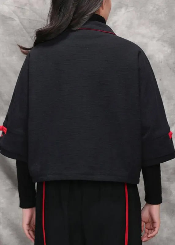 Black Peter Pan Collar Embroideried Coats Long Sleeve