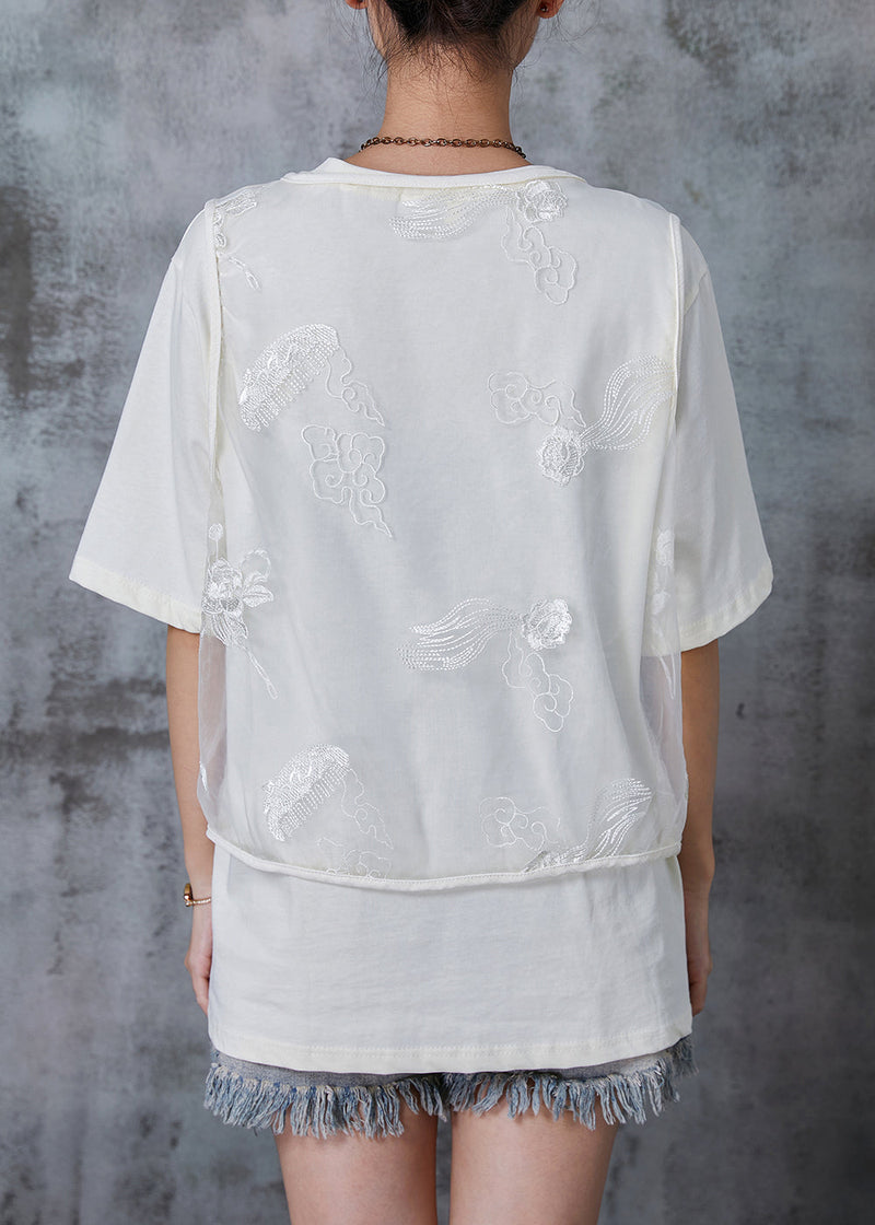 White Print Cotton Tanks and Vests Two Pieces Set Embroidered Summer