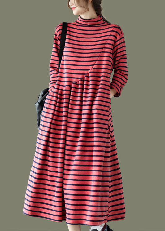 Diy Red Pockets Patchwork Striped Fall Long Dresses