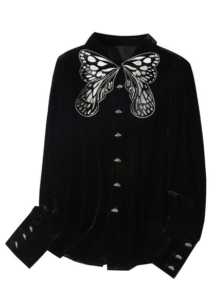Diy Blackish Green Butterfly Peter Pan Collar Silk Velour Shirt Long Sleeve