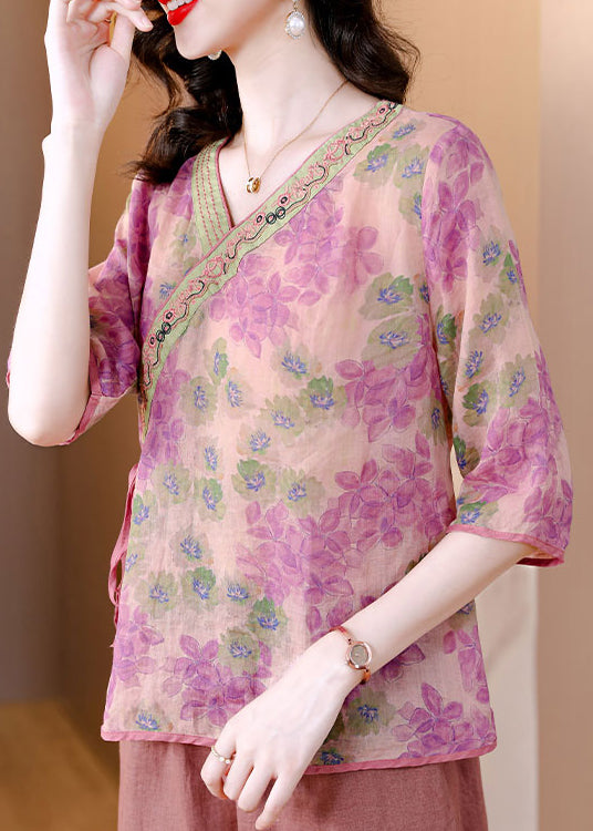 Green V Neck Print Lace Up Linen Tops Half Sleeve