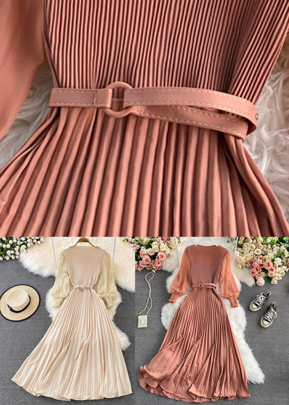 Chocolate O-neck Chiffon Sashes Long Pleated Dress Long Sleeve