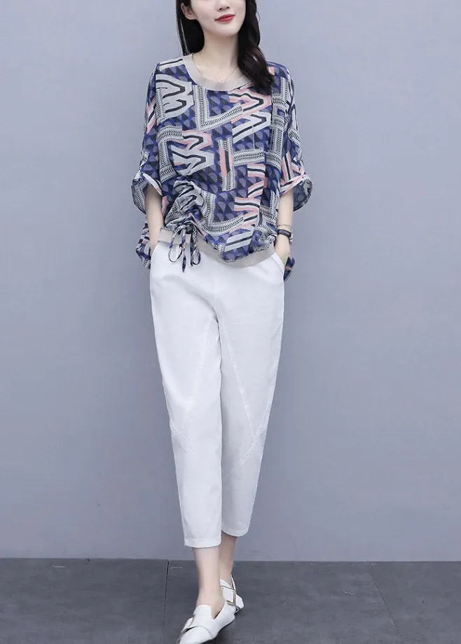 Blue Print Top and Pants Two Pieces Set Summer